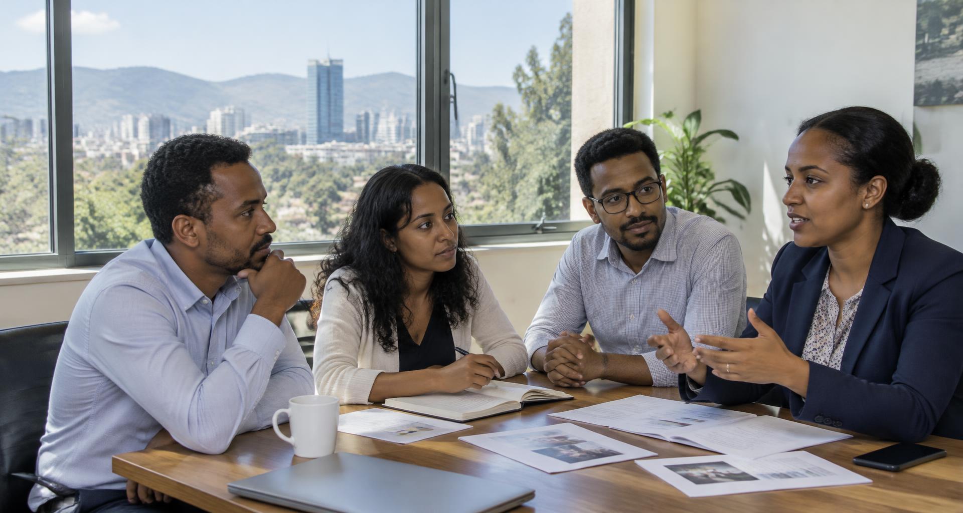 Illustrative Ethiopian professionals exchanging knowledge in a collaborative workshop